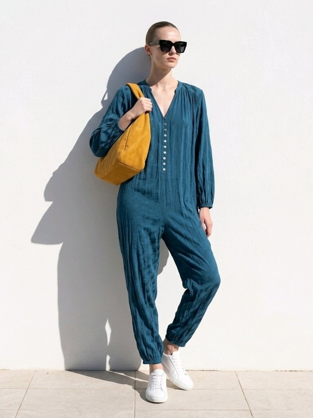 Anthropologie Teal Blue Long-Sleeve V-Neck Jumpsuit